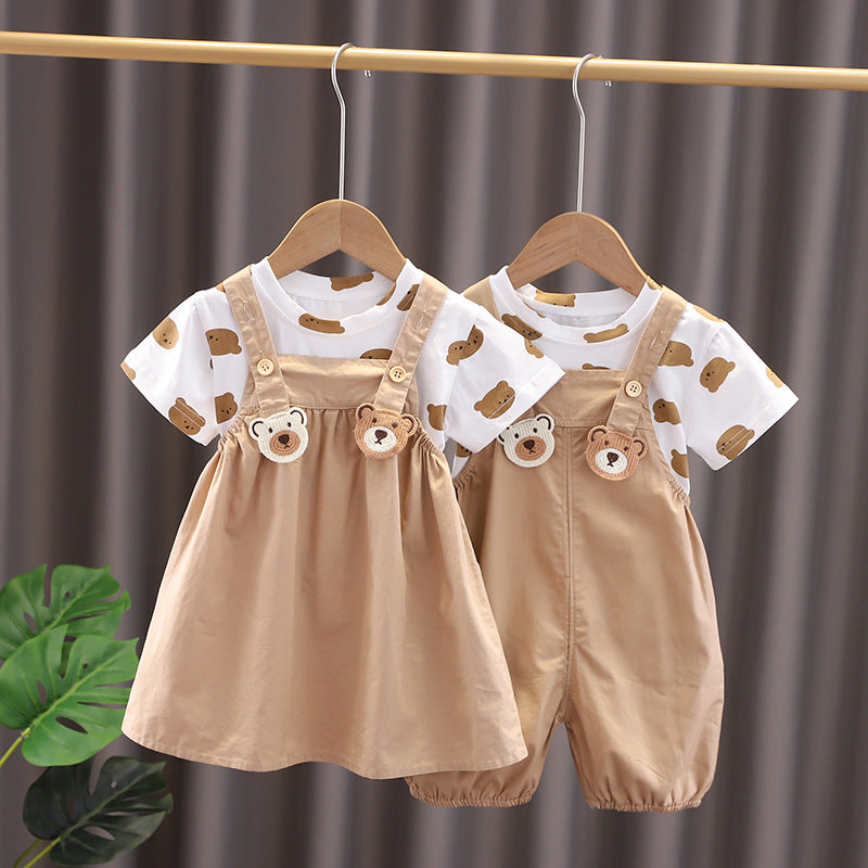 Bear Brother Short Sleeve Strap Kids Clothes Two-piece Suit